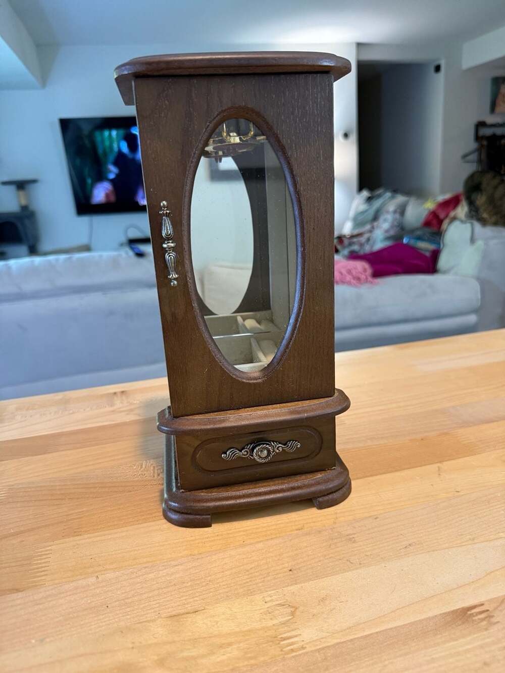 Wood Finish Brown Jewelry Organizer Cabinet with Oval Mirror